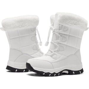 Women's White Warm Waterproof Winter Boots Mid Calf Insulated Snow Boots